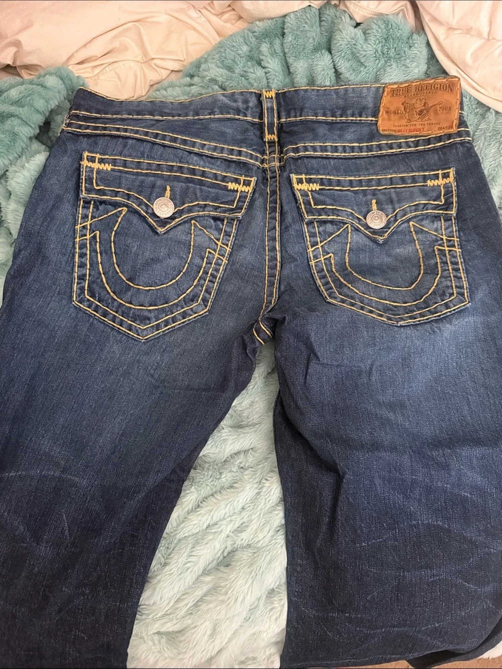 True Religion Dark Blue Jeans with Yellow Contrast Stitching